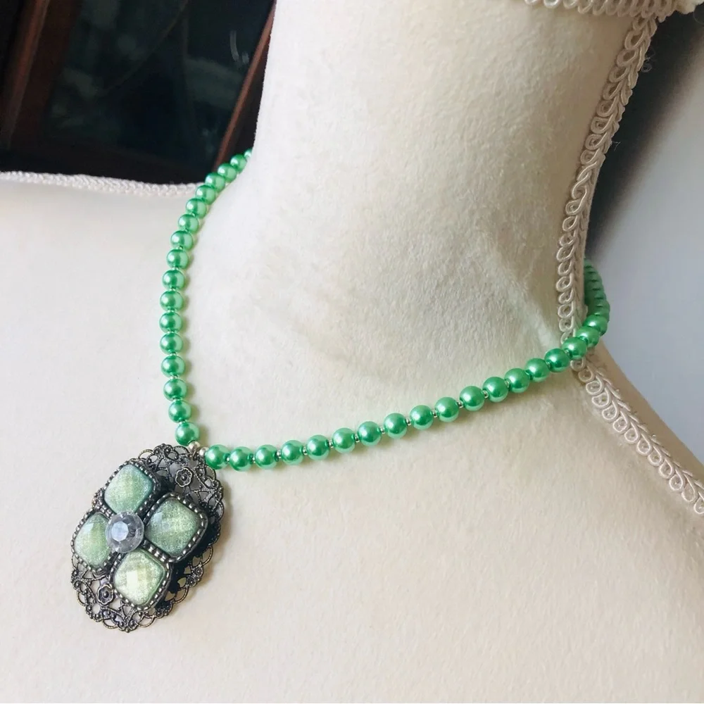 Handcrafted repurpose speckle green glass pendant Czech glass Pearl necklace
